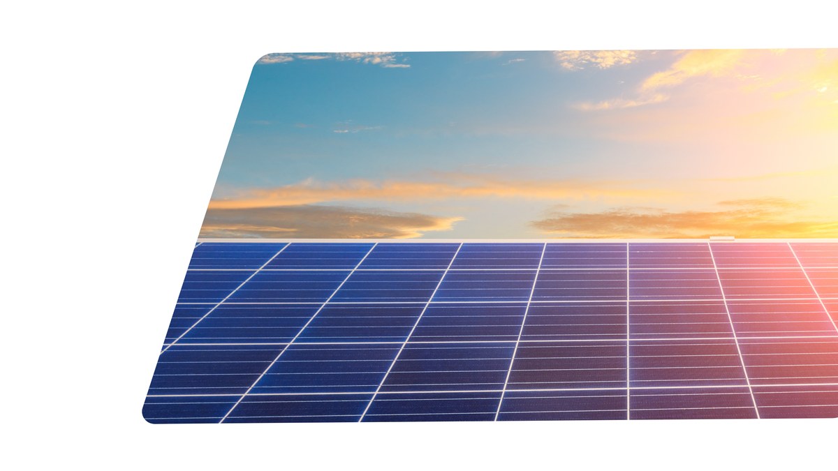 Solar panels reaching toward a warm sunset — a brighter future.